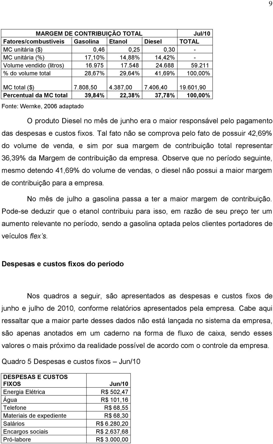 601,90 Percentual da MC total 39,84% 22,38% 37,78% 100,00% O produto Diesel no mês de junho era o maior responsável pelo pagamento das despesas e custos fixos.