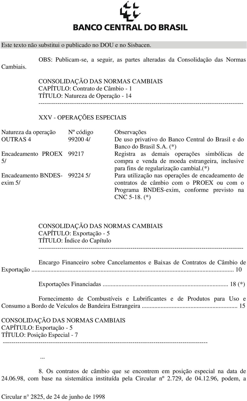 -------------------------------------------------------------------------------------------------- XXV - OPERAÇÕES ESPECIAIS Natureza da operação Nº código Observações OUTRAS 4 99200 4/ De uso