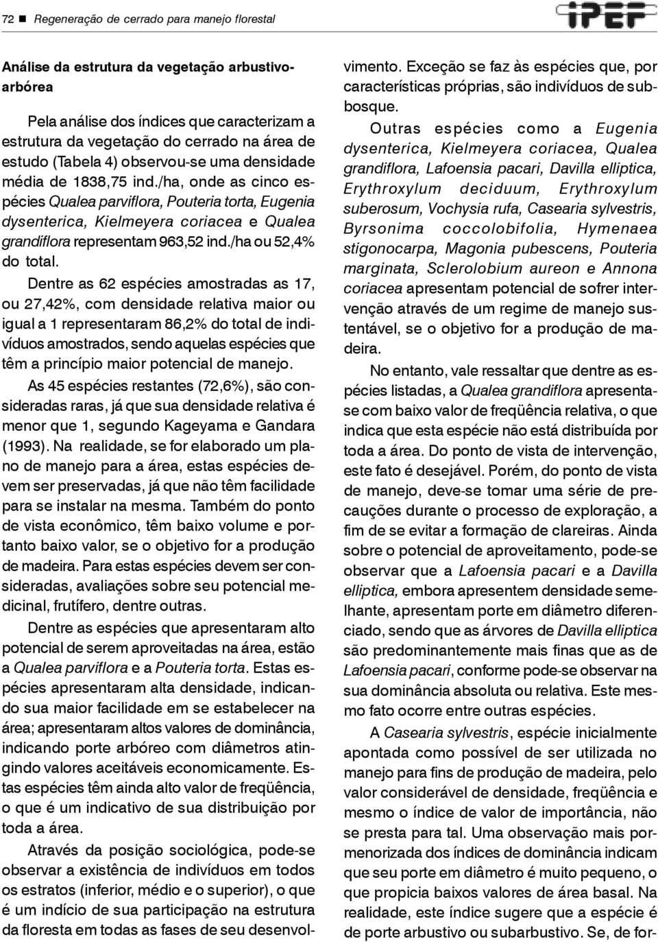 /ha, onde as cinco espécies Qualea parviflora, Pouteria torta, Eugenia dysenterica, Kielmeyera coriacea e Qualea grandiflora representam 963,52 ind./ha ou 52,4% do total.