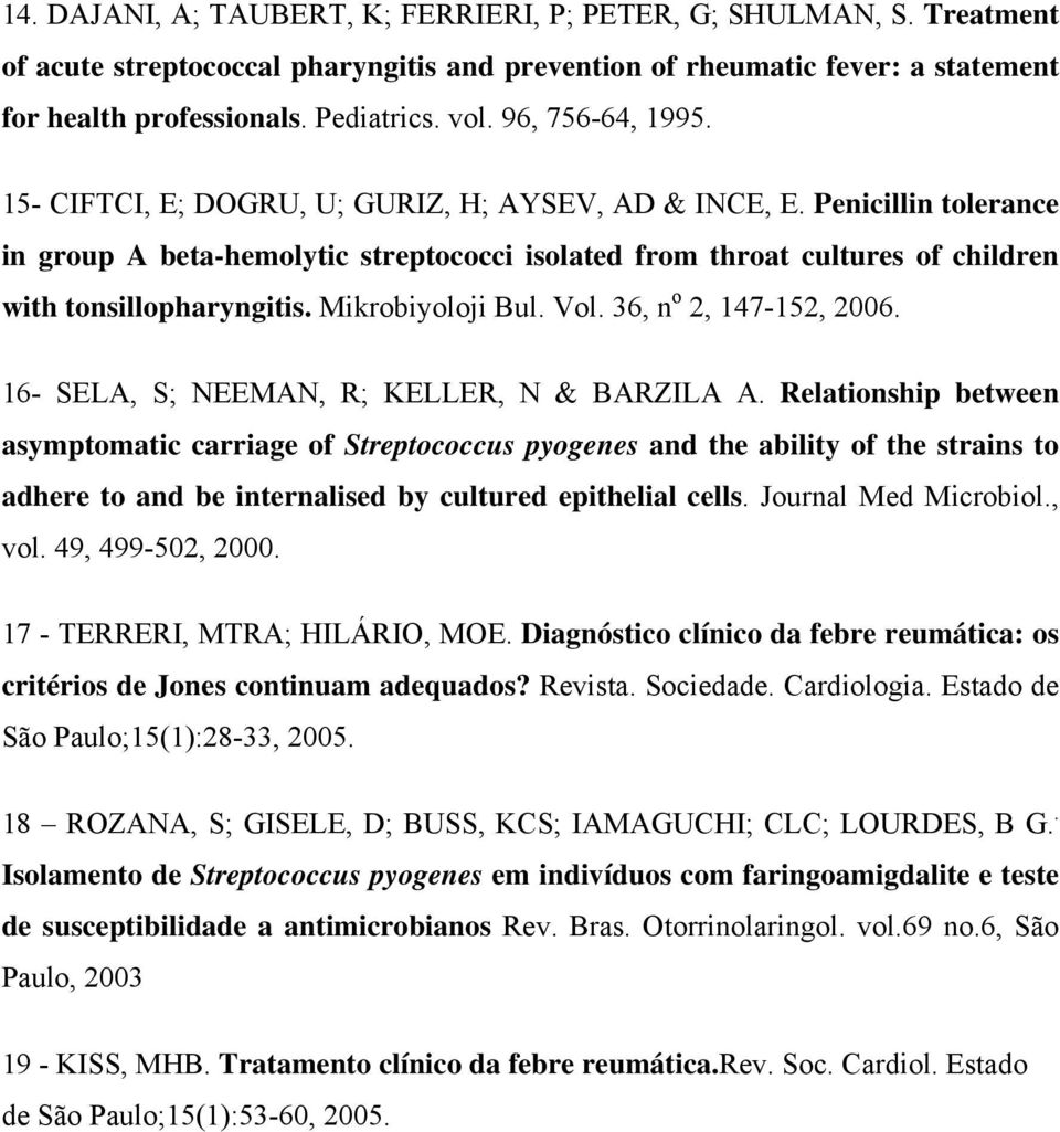 Penicillin tolerance in group A beta-hemolytic streptococci isolated from throat cultures of children with tonsillopharyngitis. Mikrobiyoloji Bul. Vol. 36, n o 2, 147-152, 2006.