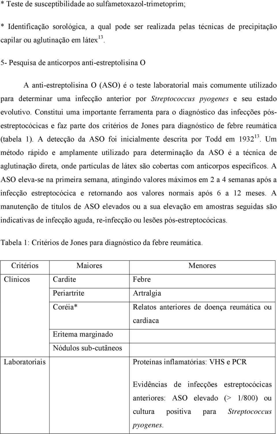 estado evolutivo. Constitui uma importante ferramenta para o diagnóstico das infecções pósestreptocócicas e faz parte dos critérios de Jones para diagnóstico de febre reumática (tabela 1).