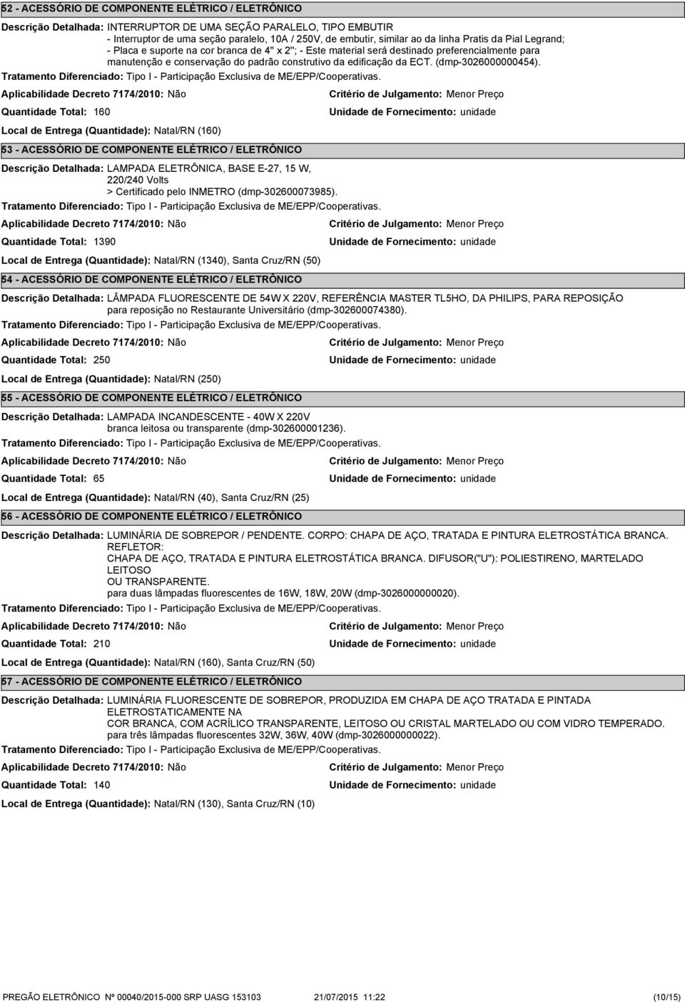 160 Local de Entrega (Quantidade): Natal/RN (160) 53 - ACESSÓRIO DE COMPONENTE ELÉTRICO / ELETRÔNICO LAMPADA ELETRÔNICA, BASE E-27, 15 W, 220/240 Volts > Certificado pelo INMETRO (dmp-302600073985).