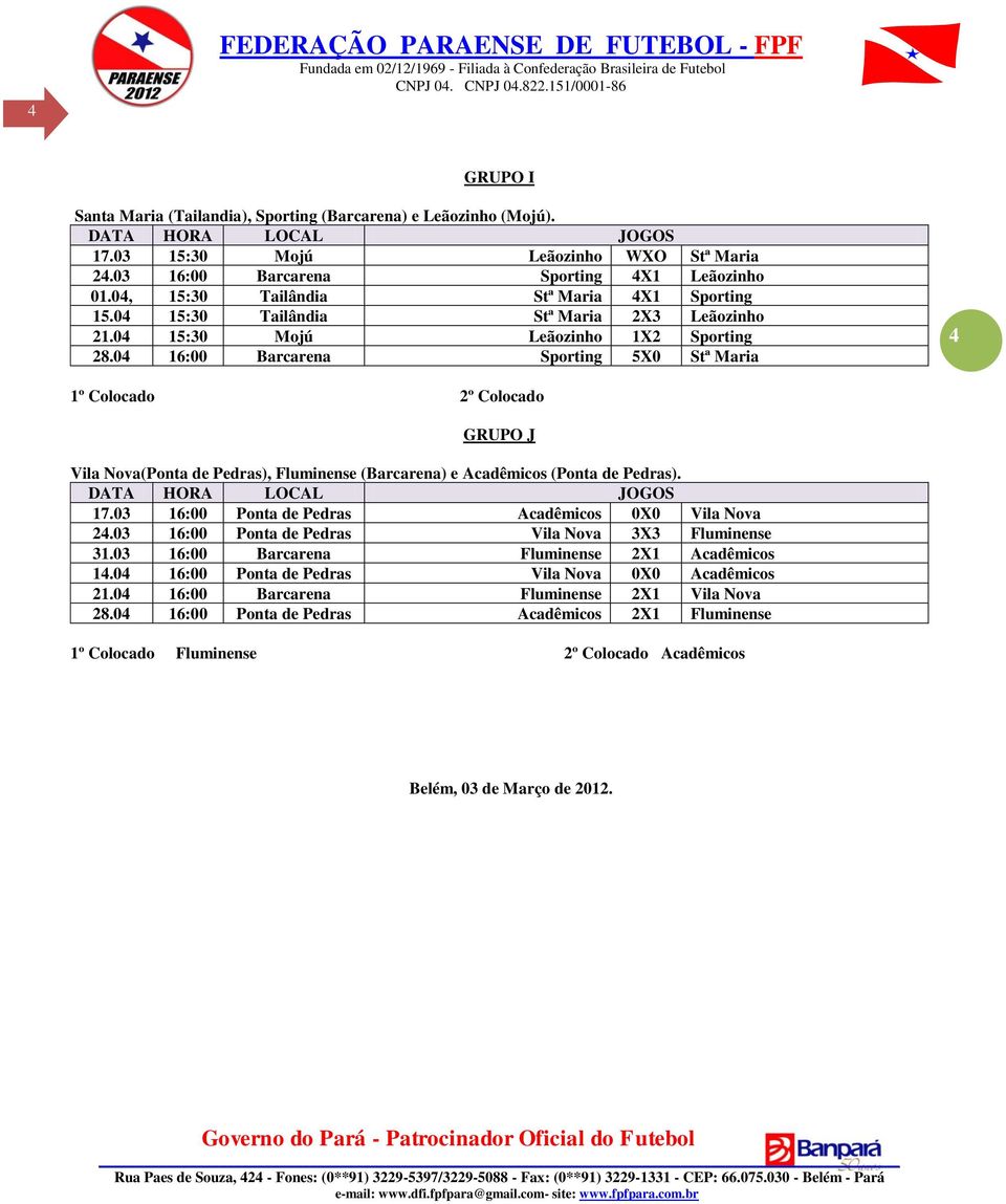 04 16:00 Barcarena Sporting 5X0 Stª Maria 4 2º Colocado GRUPO J Vila Nova(Ponta de Pedras), Fluminense (Barcarena) e Acadêmicos (Ponta de Pedras). 17.