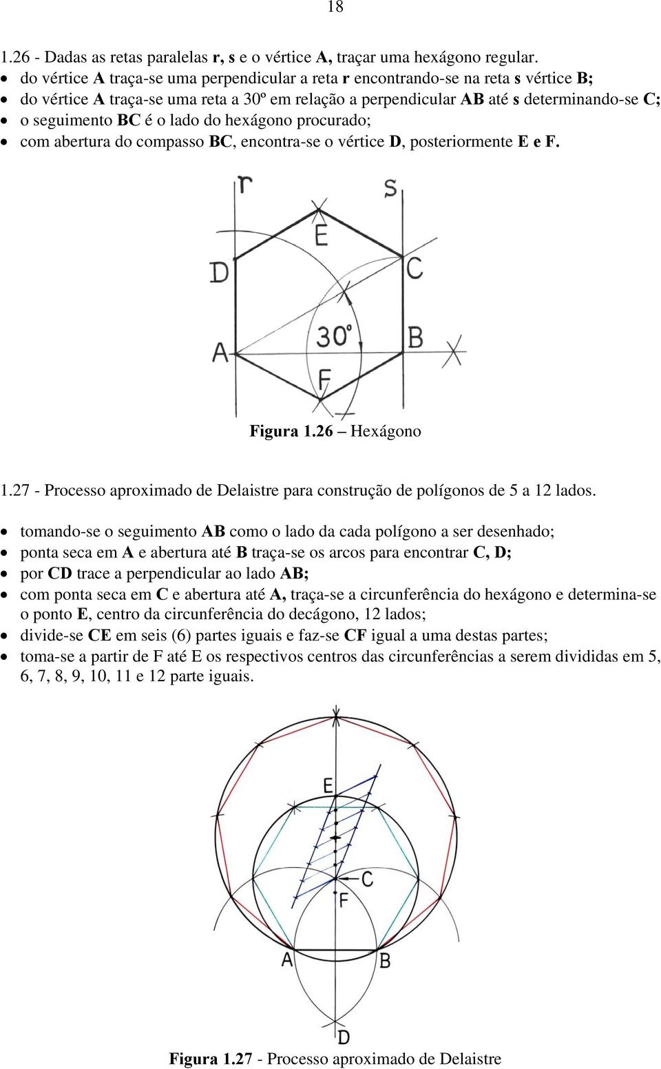 lado do hexágono procurado; com abertura do compasso BC, encontra-se o vértice D, posteriormente E e F. Figura 1.26 Hexágono 1.