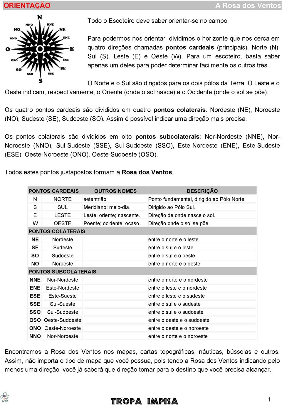 Para um escoteiro, basta saber apenas um deles para poder determinar facilmente os outros três. O Norte e o Sul são dirigidos para os dois pólos da Terra.