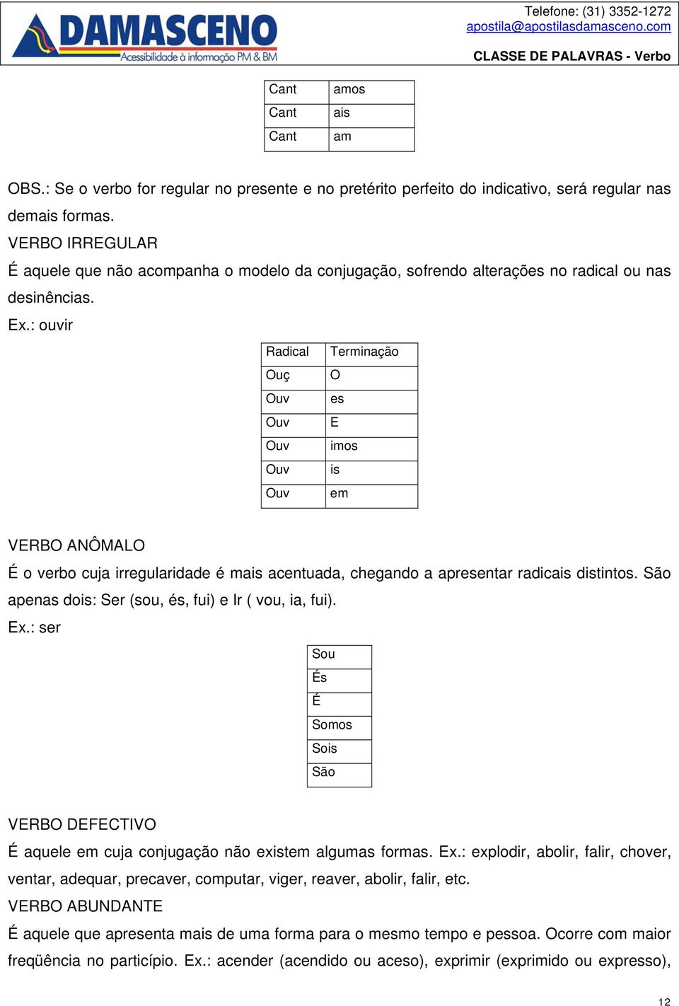 : ouvir Radical Terminação Ouç O Ouv es Ouv E Ouv imos Ouv is Ouv em VERBO ANÔMALO É o verbo cuja irregularidade é mais acentuada, chegando a apresentar radicais distintos.