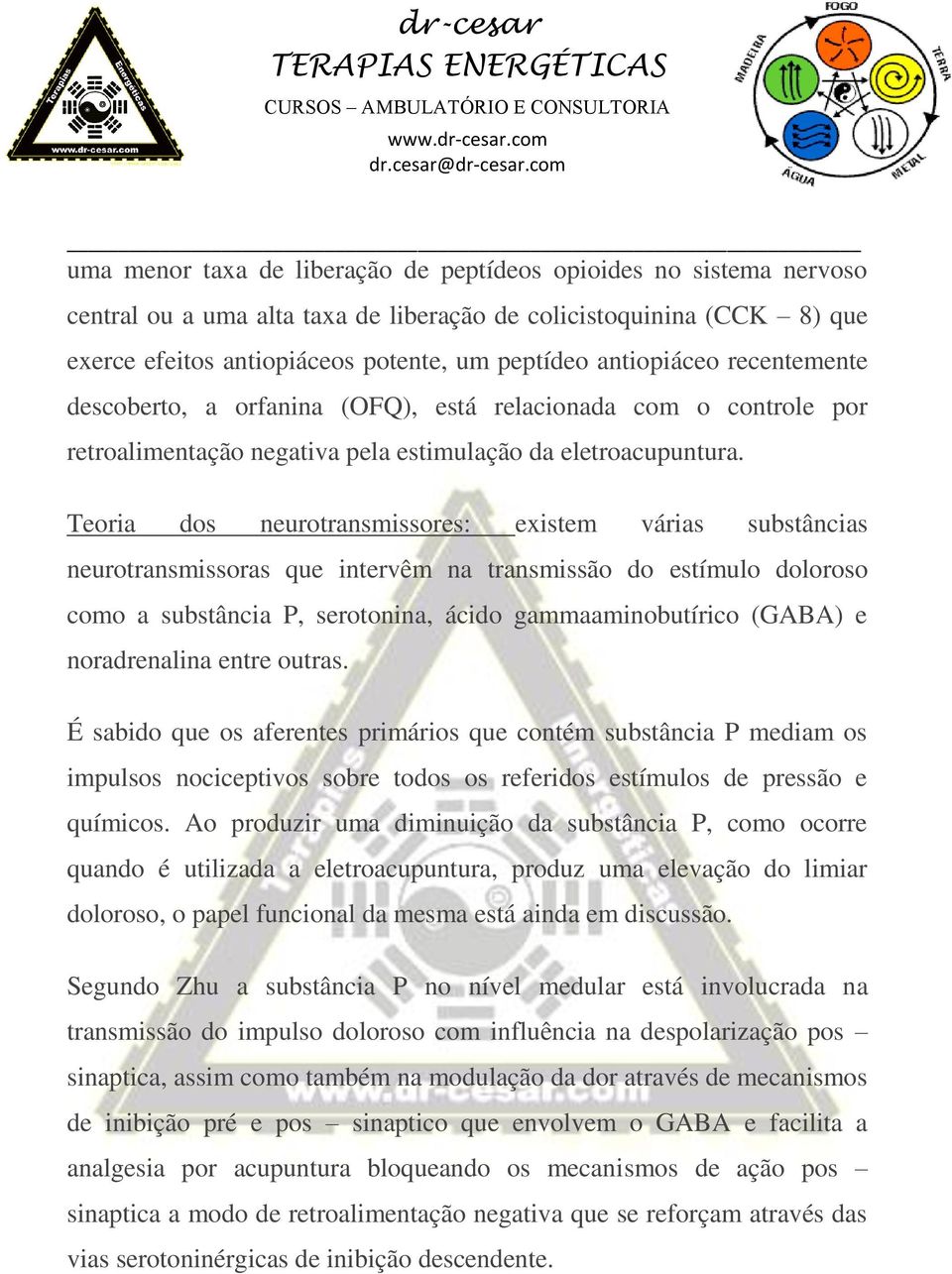 Teoria dos neurotransmissores: existem várias substâncias neurotransmissoras que intervêm na transmissão do estímulo doloroso como a substância P, serotonina, ácido gammaaminobutírico (GABA) e