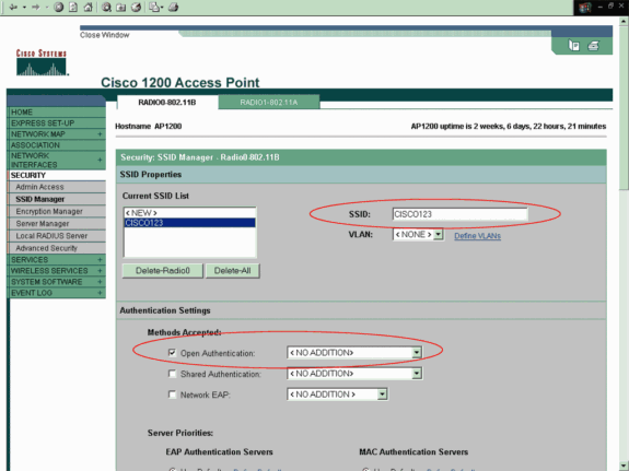 6. Para configurar o SSID e a autenticação Aberta com criptografia WEP, execute estes passos: Escolha Security > SSID Manager no menu à esquerd A página SSID Manager será exibid Selecione o SSID