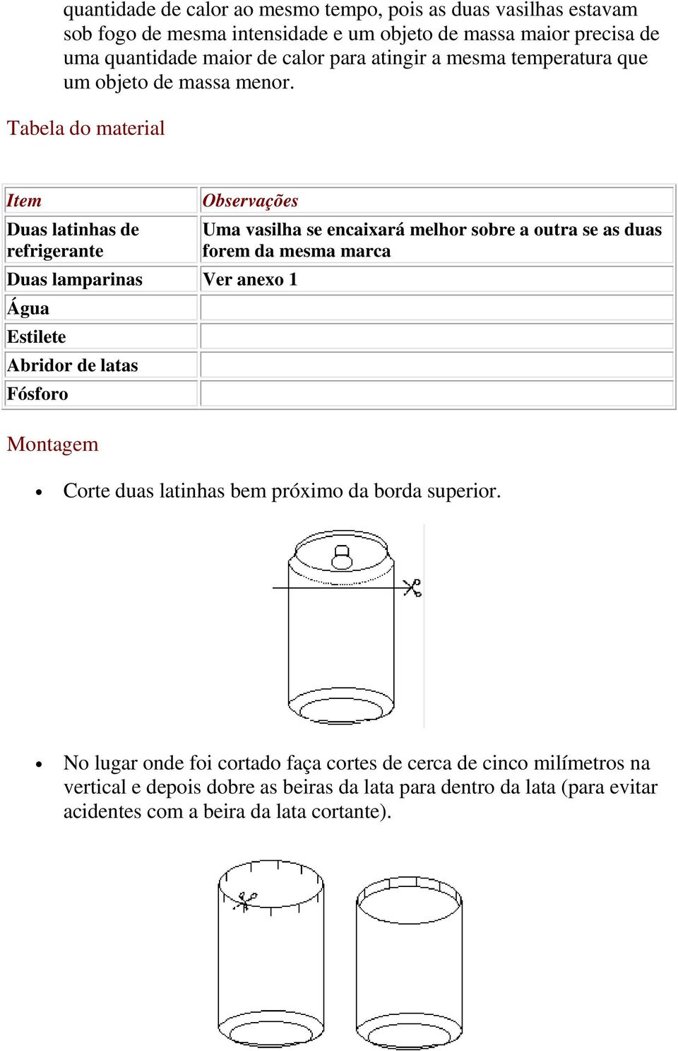 Tabela do material Item Duas latinhas de refrigerante Observações Duas lamparinas Ver anexo 1 Água Estilete Abridor de latas Fósforo Montagem Uma vasilha se encaixará