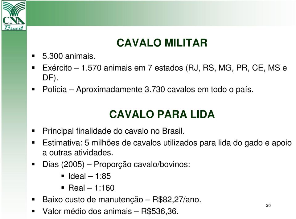 CAVALO PARA LIDA Principal finalidade do cavalo no Brasil.