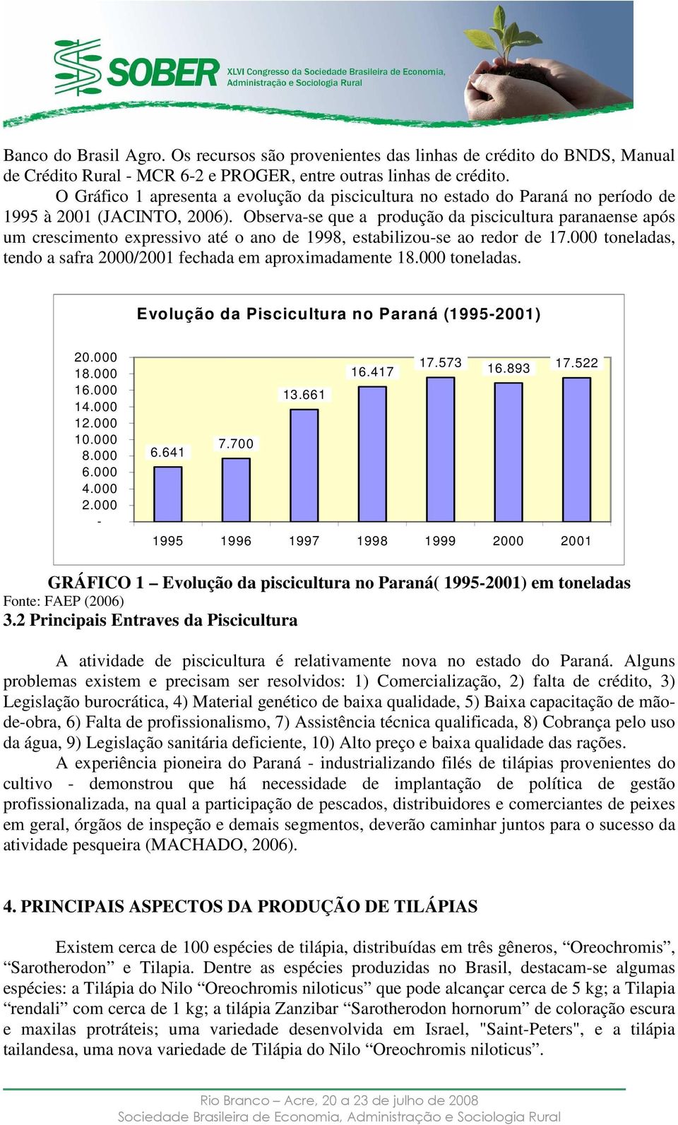 Observa-se que a produção da piscicultura paranaense após um crescimento expressivo até o ano de 1998, estabilizou-se ao redor de 17.