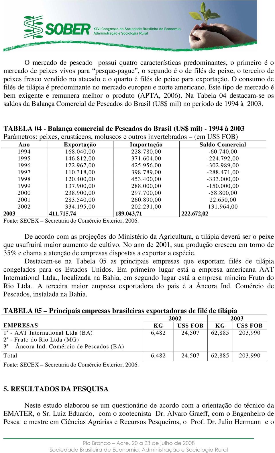Este tipo de mercado é bem exigente e remunera melhor o produto (APTA, 2006). Na Tabela 04 destacam-se os saldos da Balança Comercial de Pescados do Brasil (US$ mil) no período de 1994 à 2003.