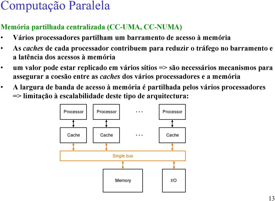 mecanismos para assegurar a coesão entre as caches dos vários processadores e a memória A largura de banda de acesso à memória é partilhada pelos