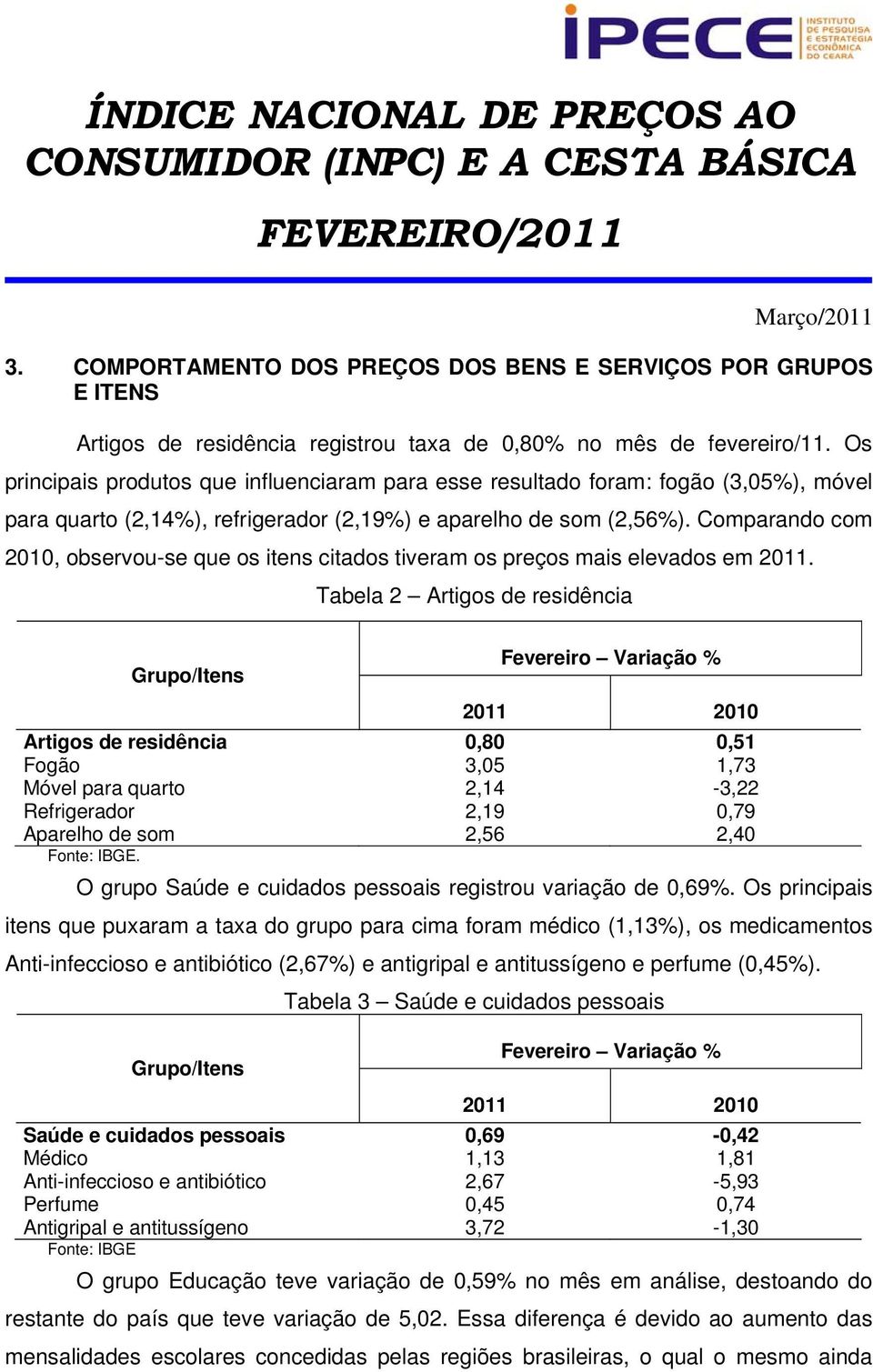 Comparando com 2010, observou-se que os itens citados tiveram os preços mais elevados em 2011.