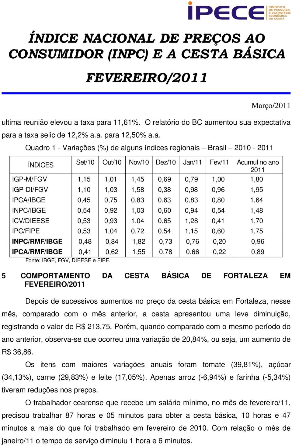 taxa para 11,61%. O relatório do BC aumentou sua expectativa para a taxa selic de 12,2% a.a. para 12,50% a.a. Quadro 1 - Variações (%) de alguns índices regionais Brasil 2010-2011 ÍNDICES Set/10
