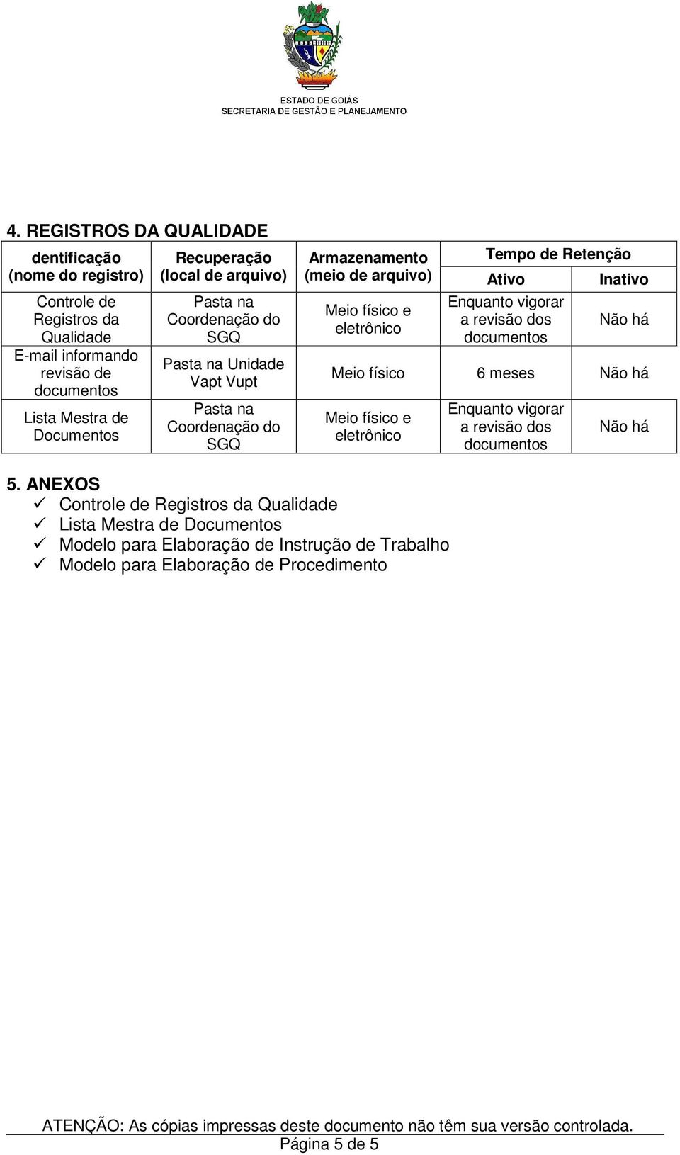 Inativo Meio físico e eletrônico Enquanto vigorar a revisão dos Não há Meio físico 6 meses Não há Meio físico e eletrônico Enquanto vigorar a revisão dos Não há 5.