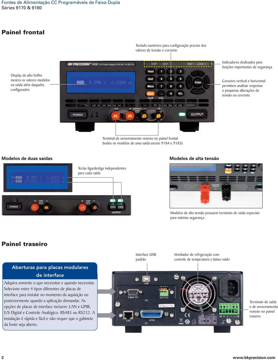 modelos de uma saída exceto 9184 e 9185) Modelos de duas saídas Modelos de alta tensão Teclas liga/desliga independentes para cada saída Modelos de alta tensão possuem terminais de saída especiais