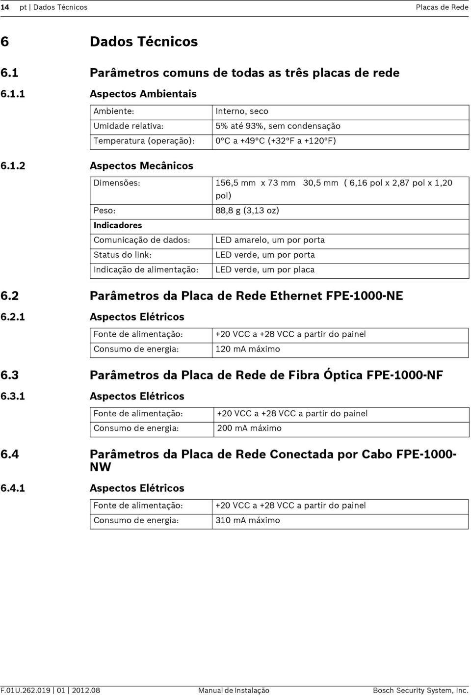 verde, um por porta Indicação de alimentação: LED verde, um por placa 6.2 Parâmetros da Placa de Rede Ethernet FPE-1000-NE 6.2.1 Aspectos Elétricos Fonte de alimentação: Consumo de energia: +20 VCC a +28 VCC a partir do painel 120 ma máximo 6.