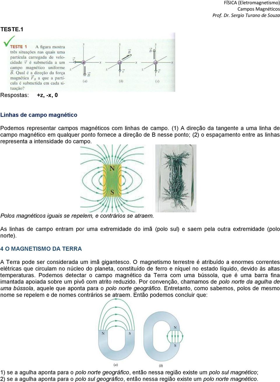 Polos magnéticos iguais se repelem, e contrários se atraem. As linhas de campo entram por uma extremidade do imã (polo sul) e saem pela outra extremidade (polo norte).