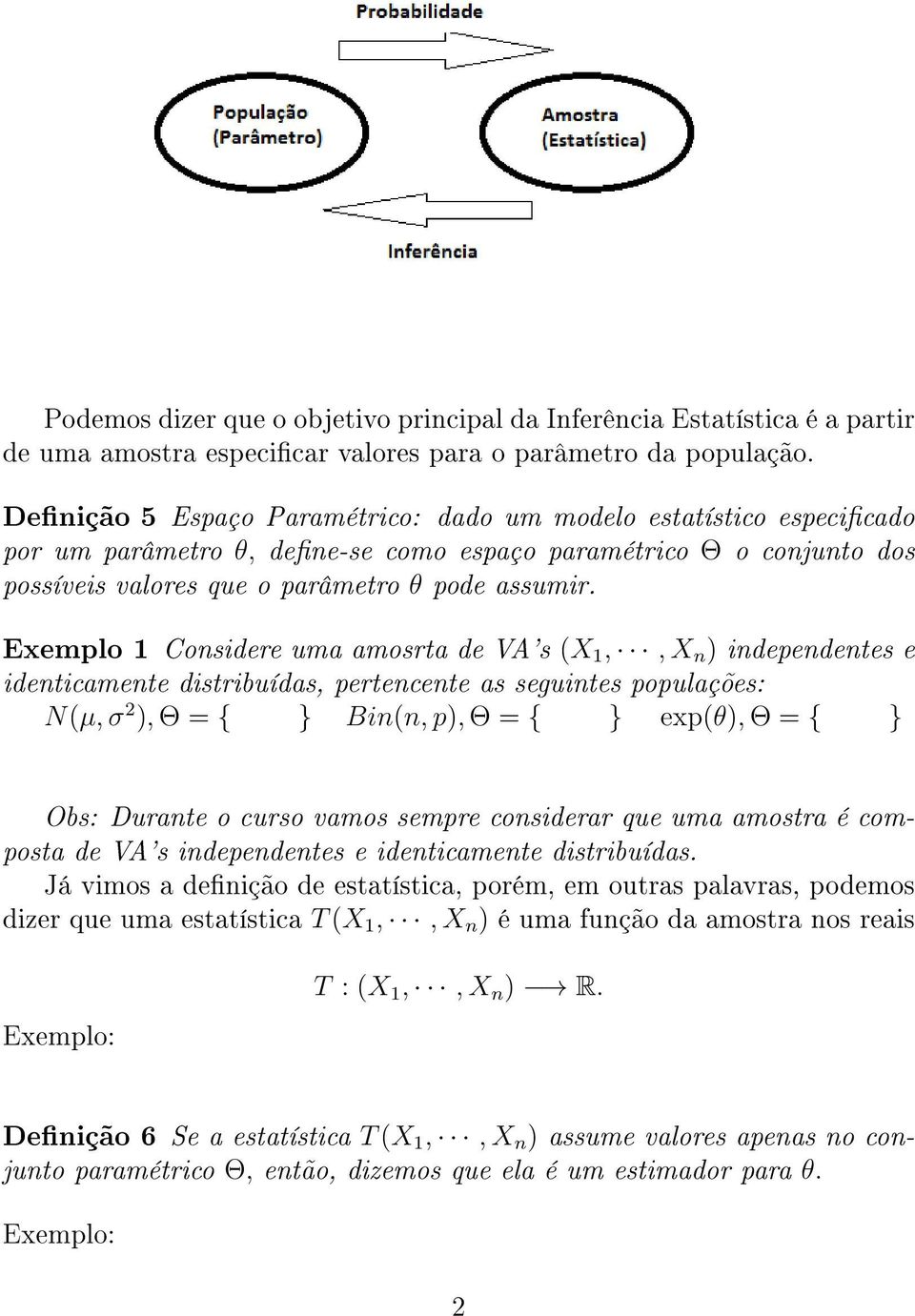 Exemplo 1 Considere uma amosrta de VA's (X 1,, X n ) independentes e identicamente distribuídas, pertencente as seguintes populações: N(µ, σ 2 ), Θ = { } Bin(n, p), Θ = { } exp(θ), Θ = { } Obs: