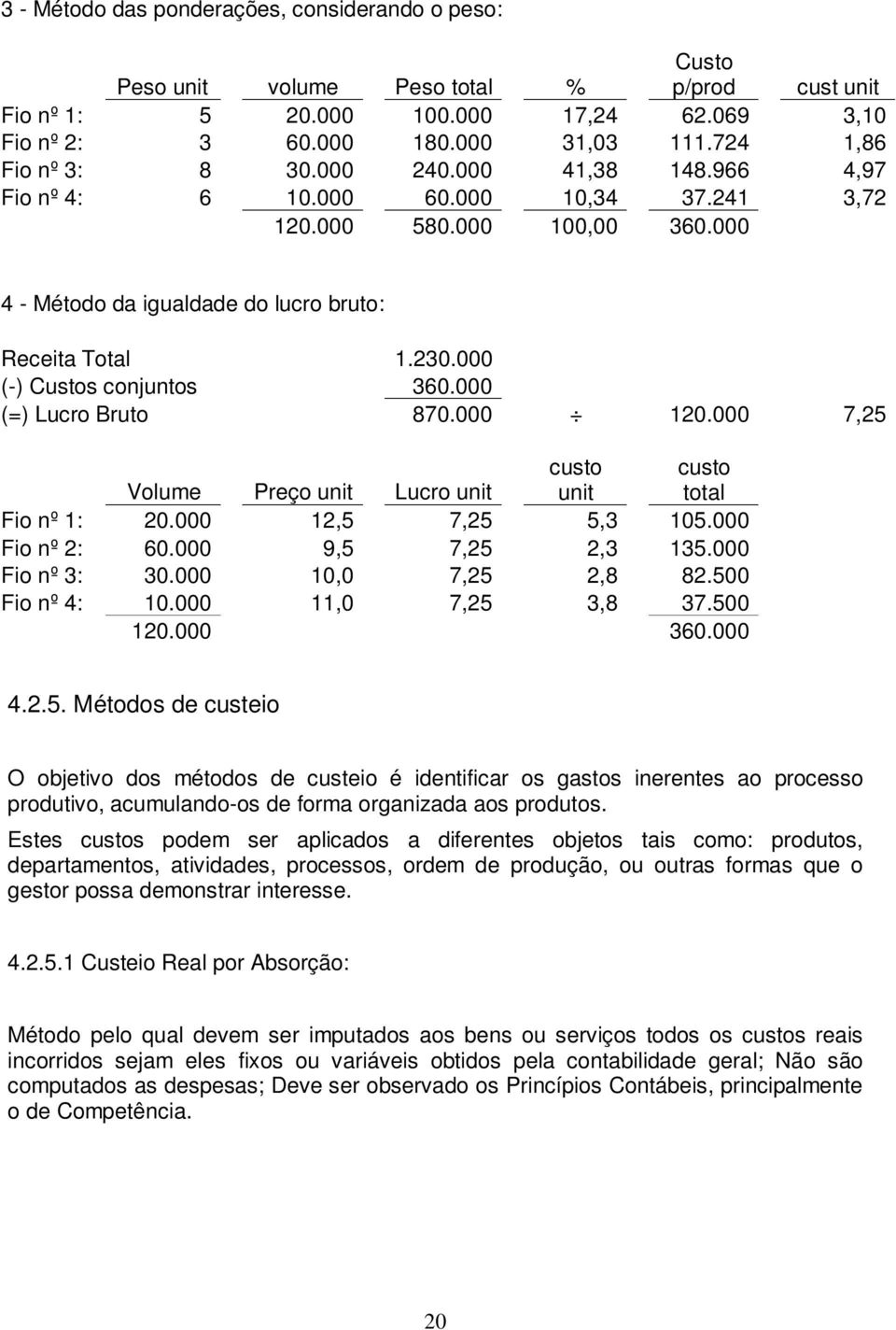 000 (-) Custos conjuntos 360.000 (=) Lucro Bruto 870.000 120.000 7,25 Volume Preço unit Lucro unit custo unit custo total Fio nº 1: 20.000 12,5 7,25 5,3 105.000 Fio nº 2: 60.000 9,5 7,25 2,3 135.