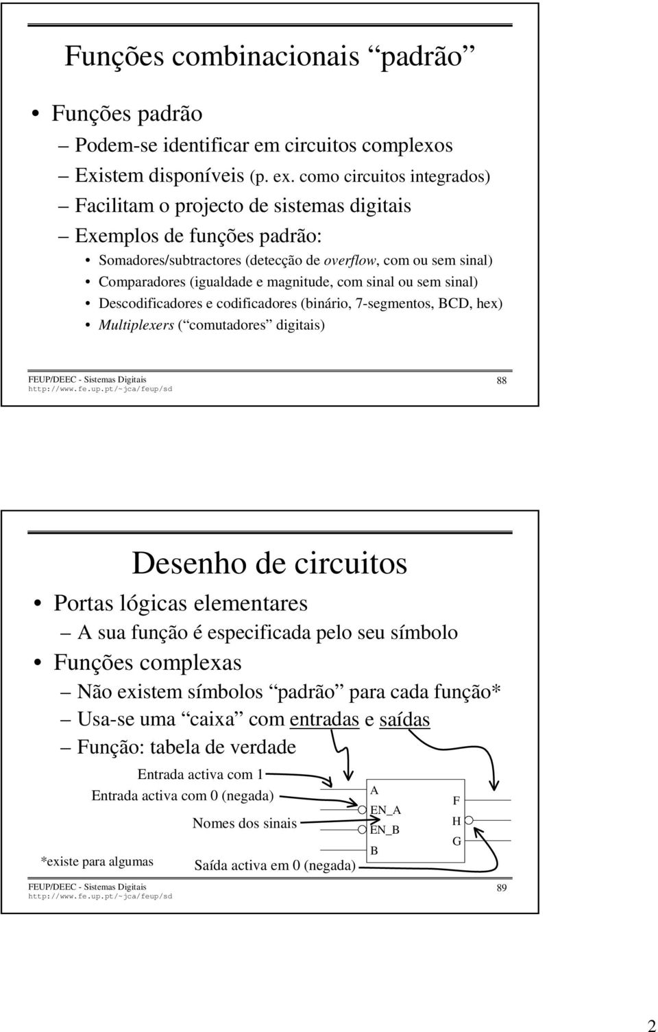 com sinal ou sem sinal) Descodificadores e codificadores (binário, 7-segmentos, CD, hex) Multiplexers ( comutadores digitais) 88 Desenho de circuitos Portas lógicas elementares sua função é