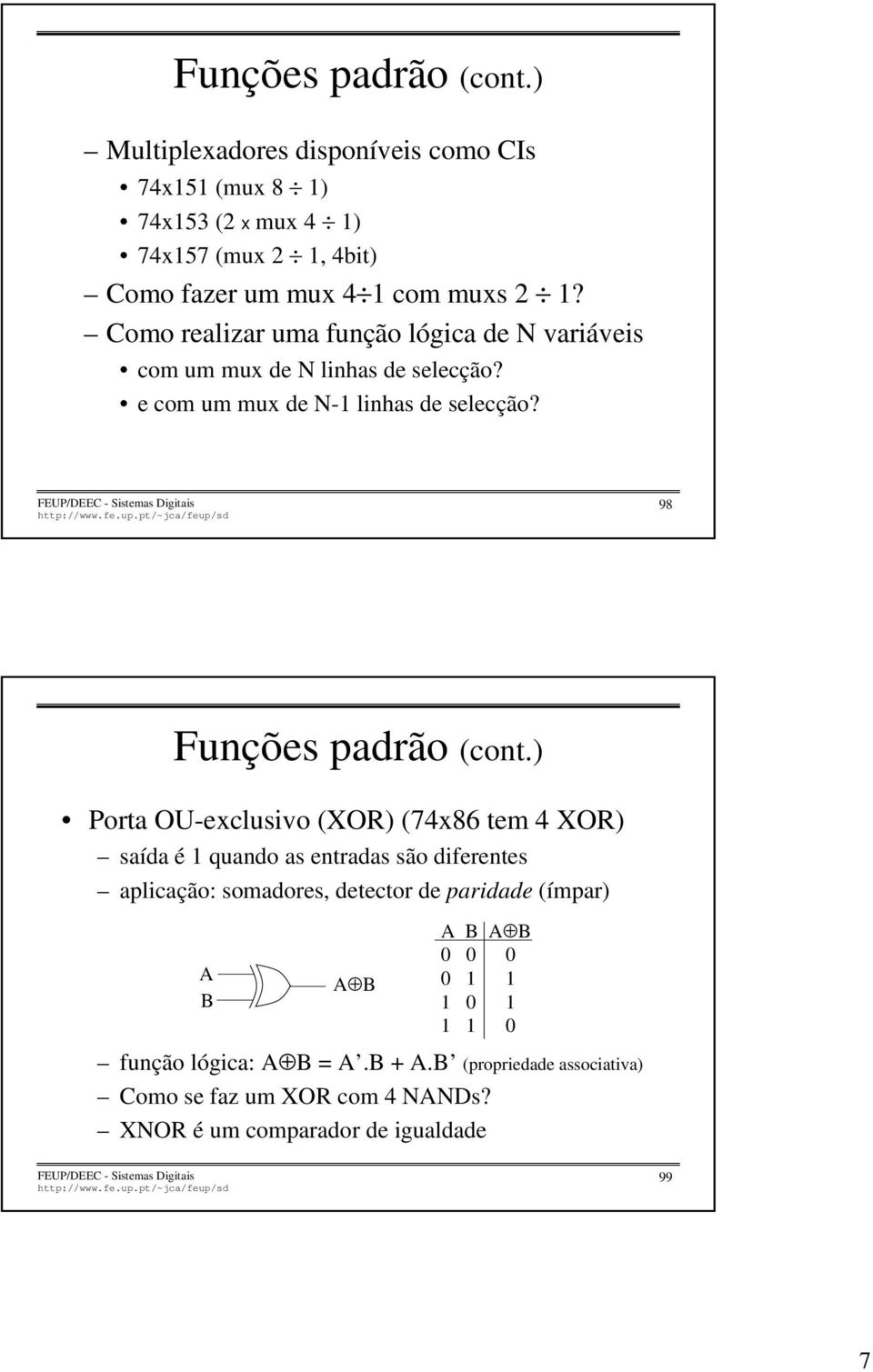 98 Porta OU-exclusivo (XOR) (74x86 tem 4 XOR) saída é 1 quando as entradas são diferentes aplicação: somadores, detector de paridade