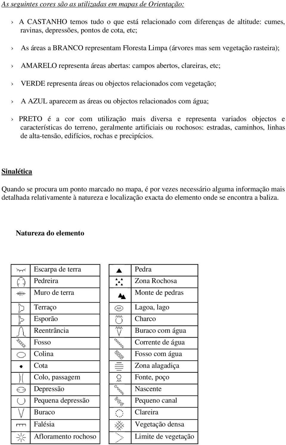 vegetação; A AZUL aparecem as áreas ou objectos relacionados com água; PRETO é a cor com utilização mais diversa e representa variados objectos e características do terreno, geralmente artificiais ou