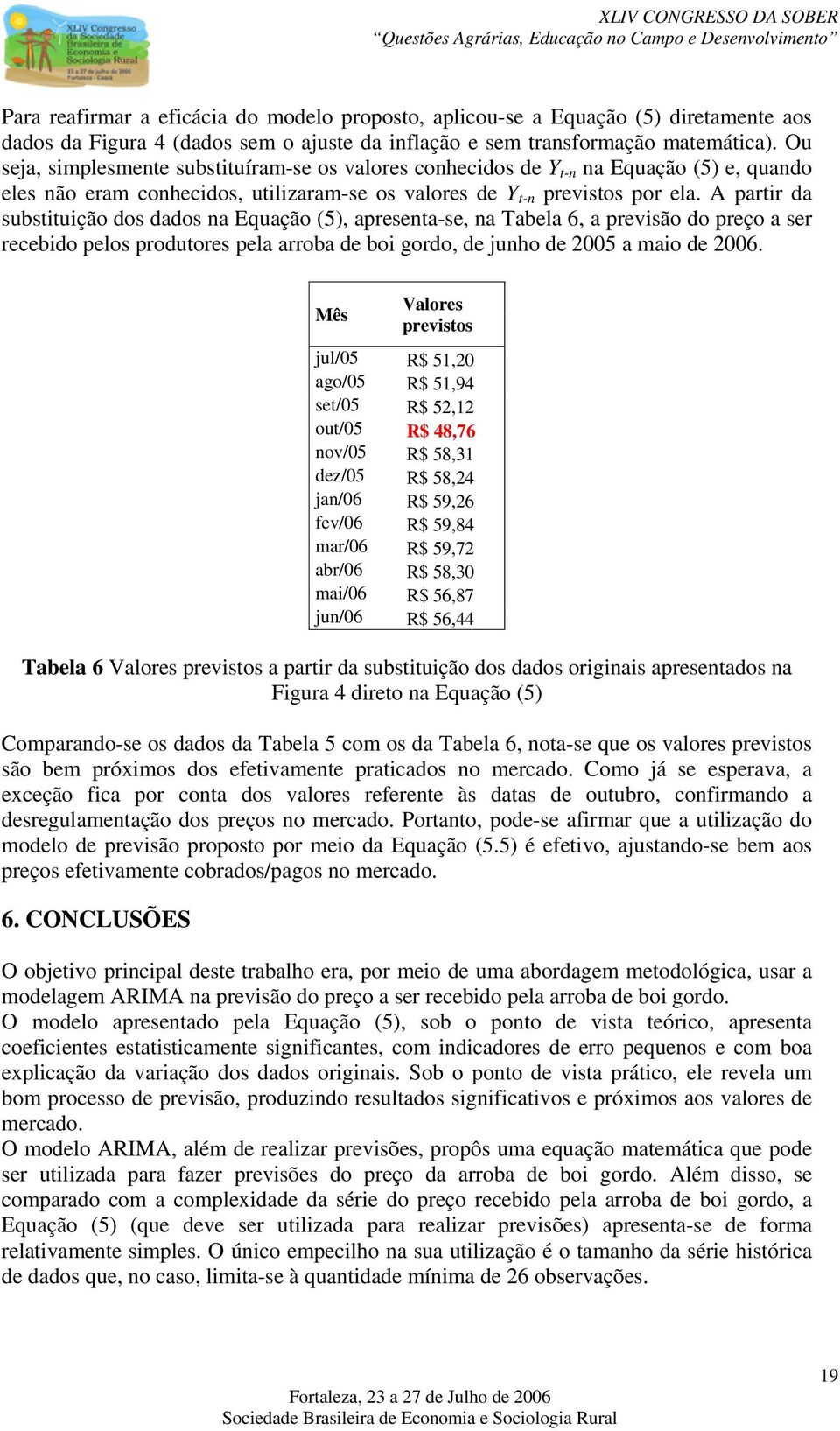 A parir da subsiuição dos dados na Equação (5), apresena-se, na Tabela 6, a previsão do preço a ser recebido pelos produores pela arroba de boi gordo, de junho de 005 a maio de 006.