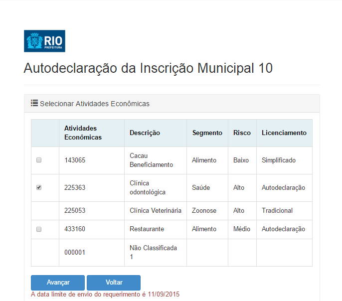 Atualizar requerimento de licenciamento por Autodeclaração Requerimento situação Novo ou Em preenchimento Não será permitido escolher Atividades Econômicas cujo canal de licenciamento seja: