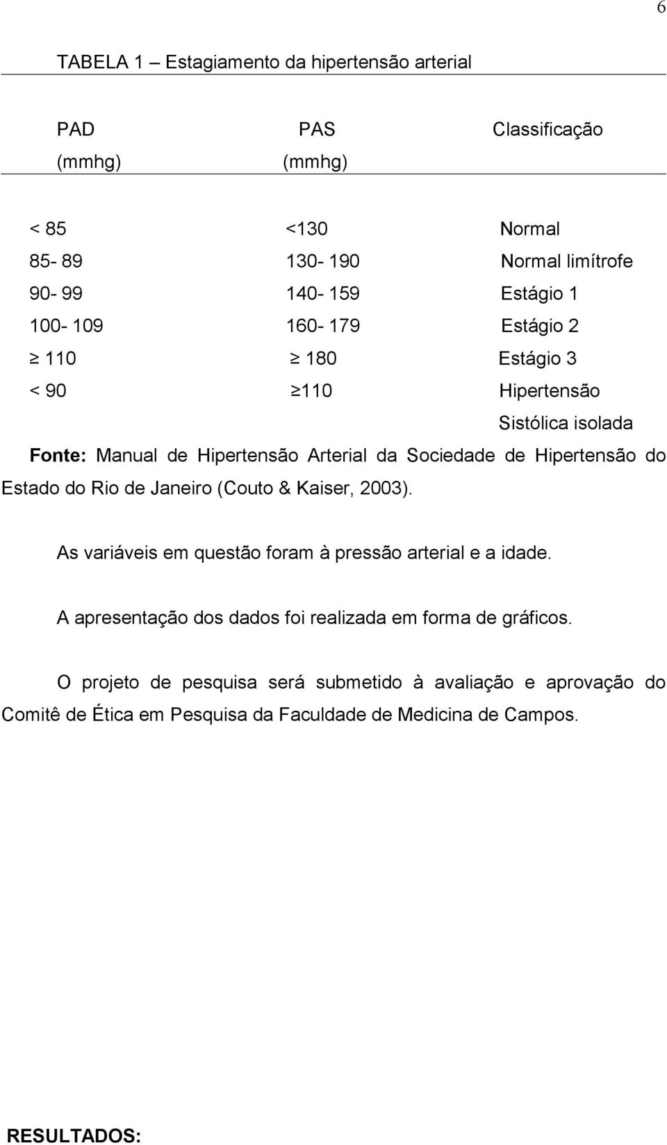 Estado do Rio de Janeiro (Couto & Kaiser, 2003). As variáveis em questão foram à pressão arterial e a idade.