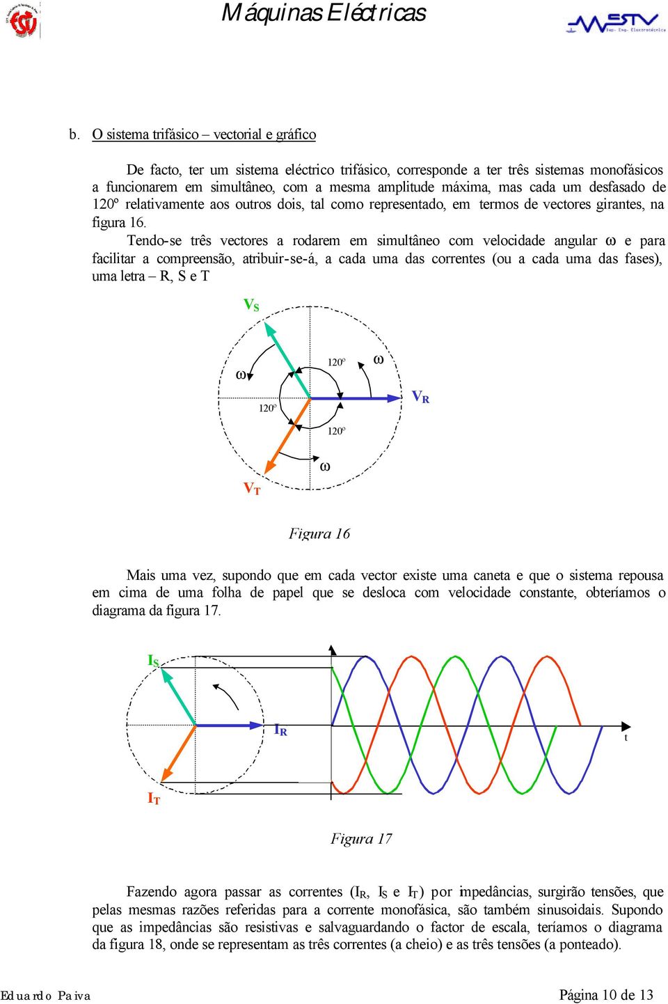 Tendo-se três vectores a rodarem em simultâneo com velocidade angular ω e para facilitar a compreensão, atribuir-se-á, a cada uma das correntes (ou a cada uma das fases), uma letra R, S e T S ω 120º