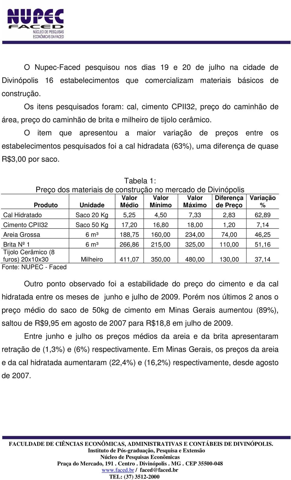 O item que apresentou a maior variação de preços entre os estabelecimentos pesquisados foi a cal hidradata (63%), uma diferença de quase R$3,00 por saco.