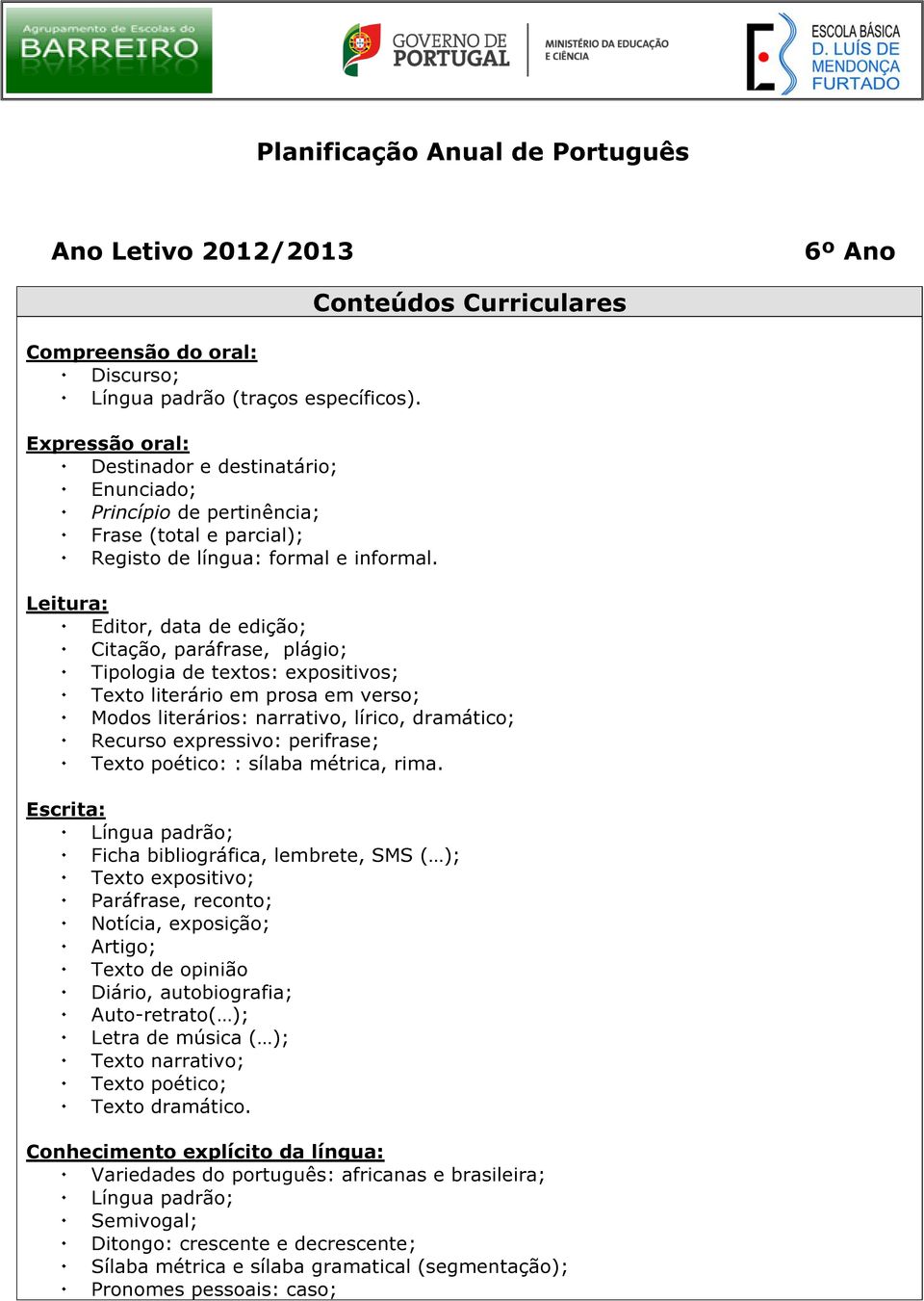 Leitura: Editor, data de edição; Citação, paráfrase, plágio; Tipologia de textos: expositivos; Texto literário em prosa em verso; Modos literários: narrativo, lírico, dramático; Recurso expressivo: