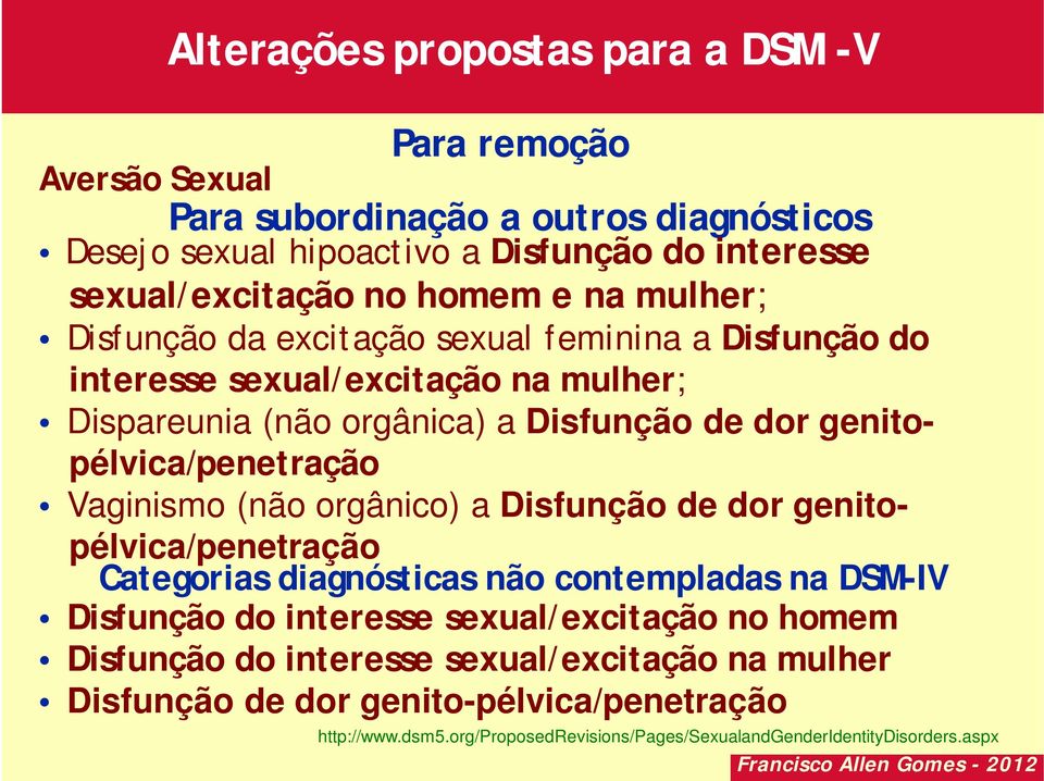 Vaginismo (não orgânico) a Disfunção de dor genitopélvica/penetração Categorias diagnósticas não contempladas na DSM-IV Disfunção do interesse sexual/excitação no homem Disfunção do