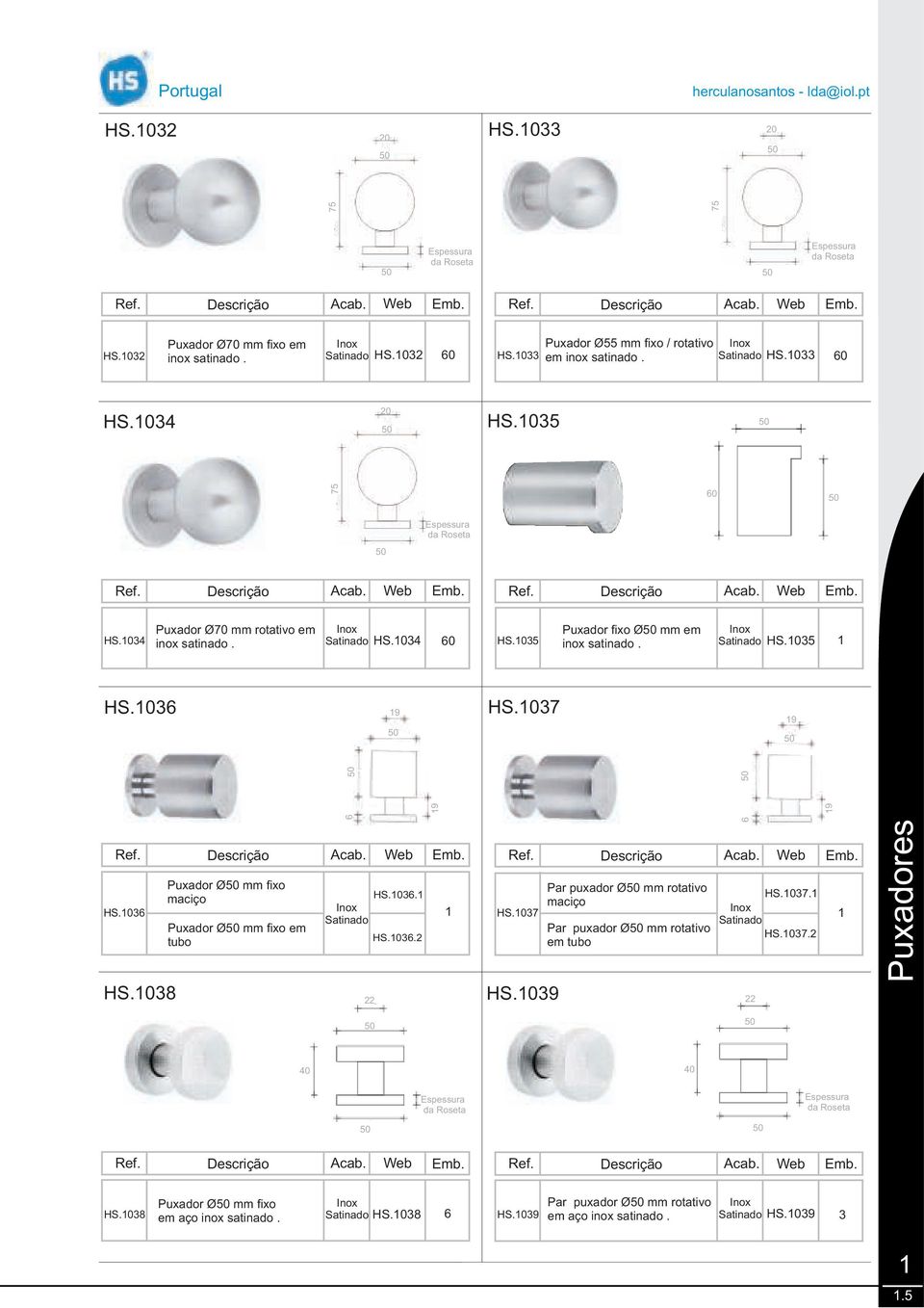 038 Puxador Ø mm fixo maciço Puxador Ø mm fixo em tubo HS.036. HS.036.2 HS.037 HS.039 Par puxador Ø mm rotativo maciço Par puxador Ø mm rotativo em tubo HS.037. HS.037.2 Puxadores 40 40 Espessura da Roseta Espessura da Roseta HS.