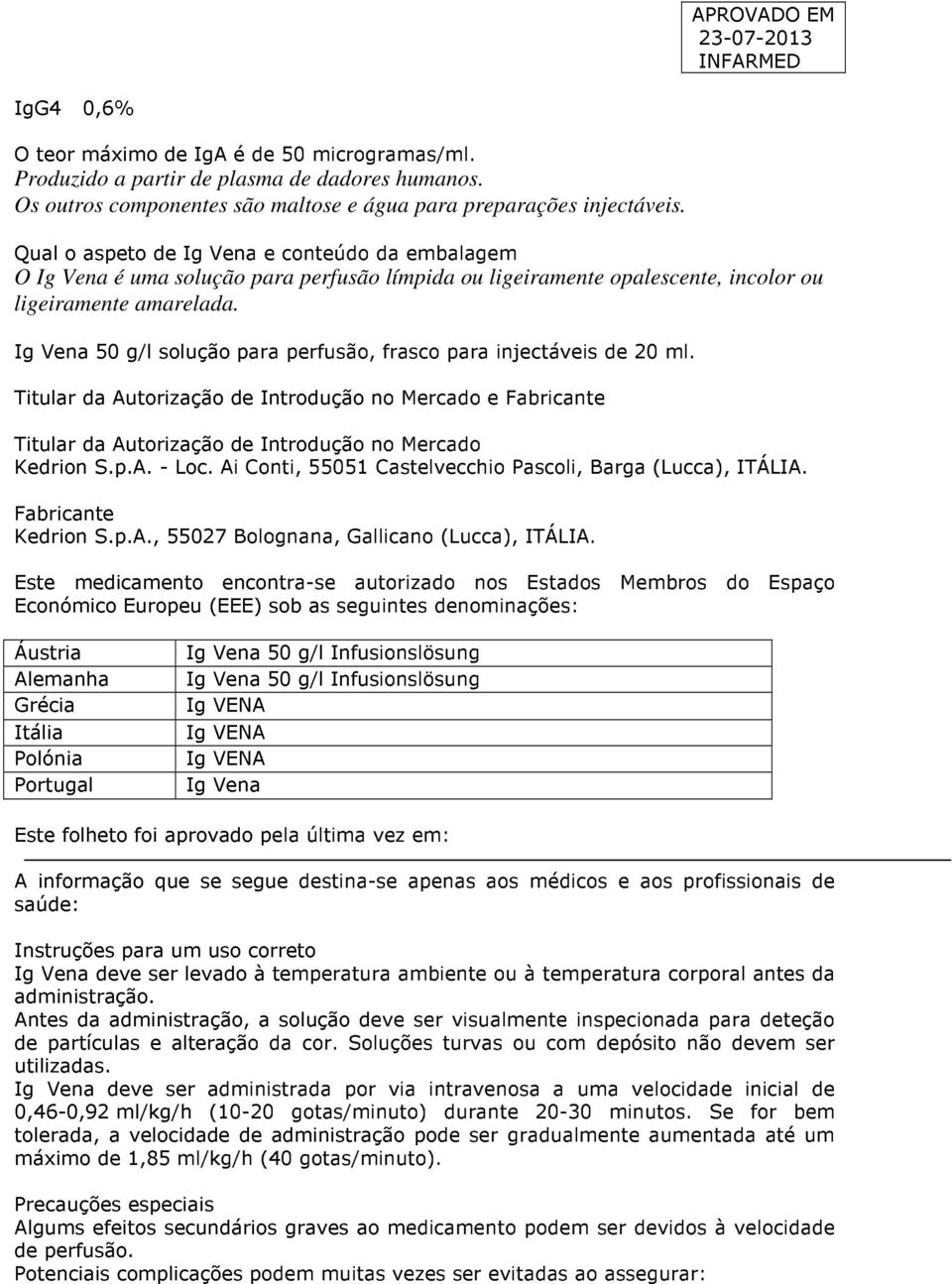 Ig Vena 50 g/l solução para perfusão, frasco para injectáveis de 20 ml. Titular da Autorização de Introdução no Mercado e Fabricante Titular da Autorização de Introdução no Mercado Kedrion S.p.A. - Loc.