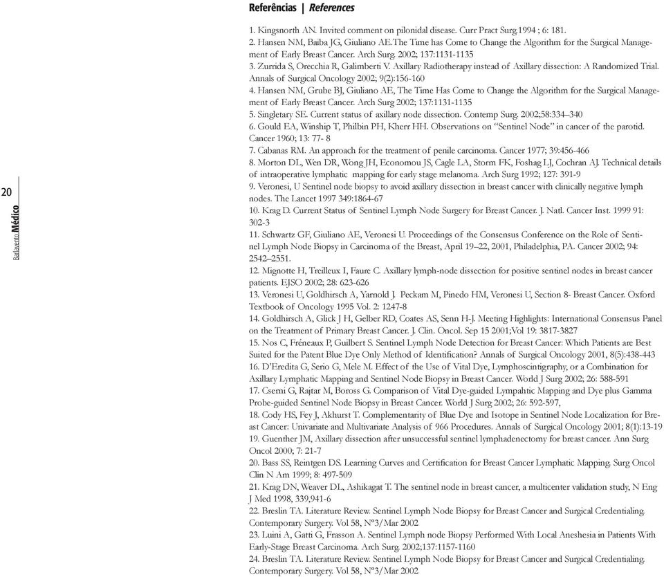 Axillary Radiotherapy instead of Axillary dissection: A Randomized Trial. Annals of Surgical Oncology 2002; 9(2):156-160 4.