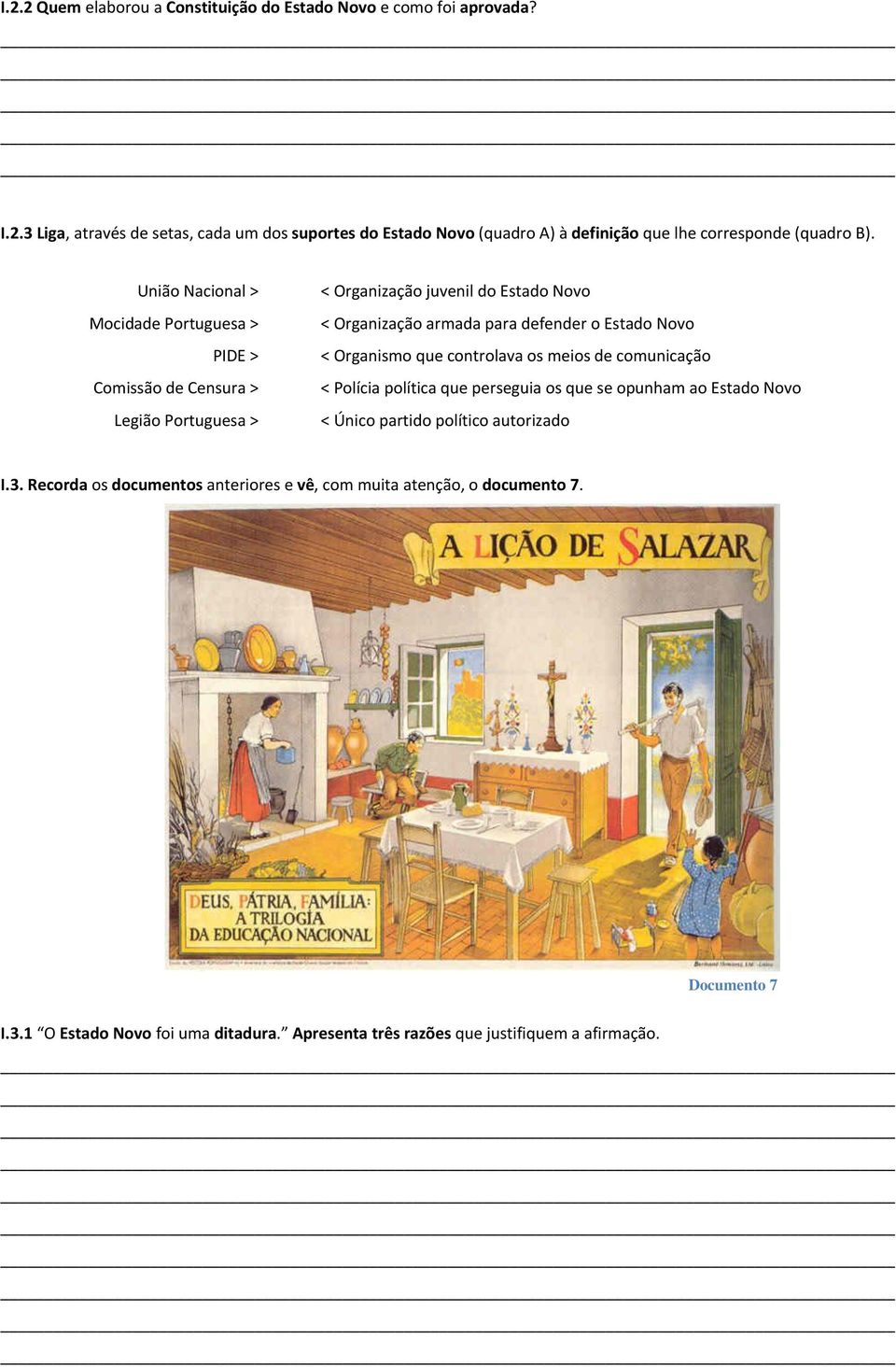 < Organismo que controlava os meios de comunicação < Polícia política que perseguia os que se opunham ao Estado Novo < Único partido político autorizado I.3.