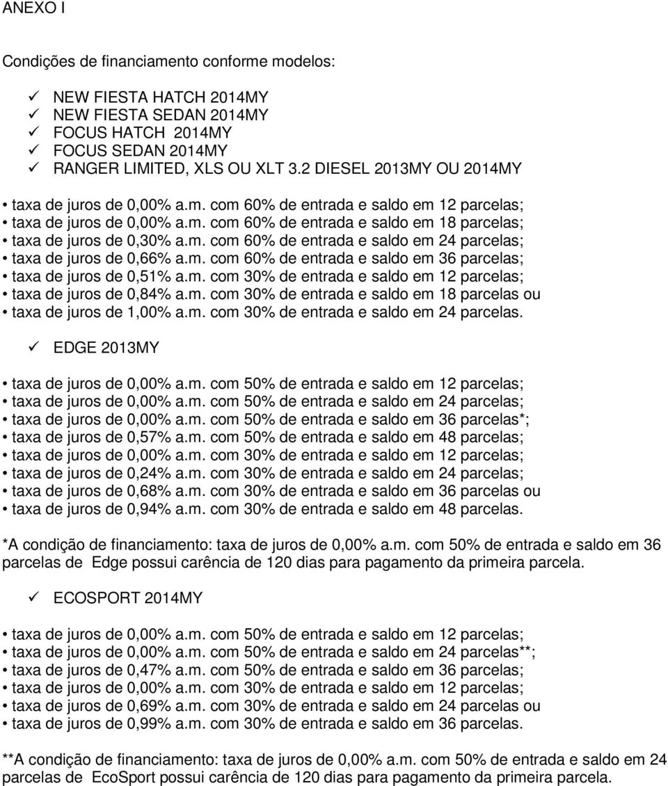 m. com 60% de entrada e saldo em 36 parcelas; taxa de juros de 0,51% a.m. com 30% de entrada e saldo em 12 parcelas; taxa de juros de 0,84% a.m. com 30% de entrada e saldo em 18 parcelas ou taxa de juros de 1,00% a.