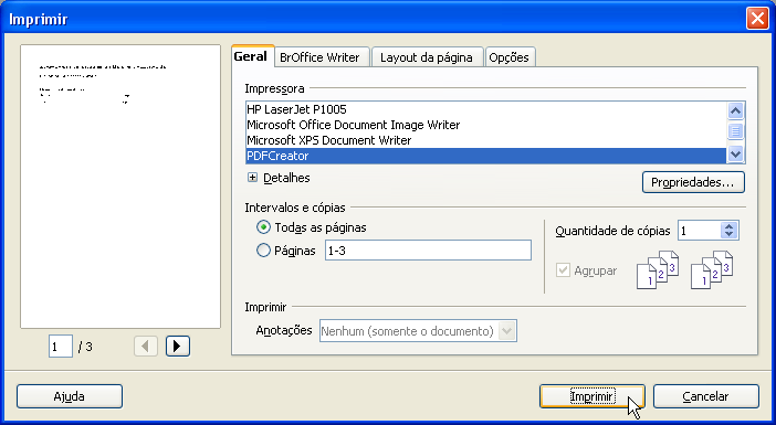 para serem feitas demais configurações; 03 Intervalos e cópias: quando se usa a opção Todas as páginas todas as páginas serão impressas.