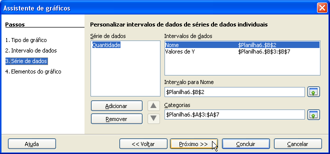 48 Selecione de A2:B7. Clique no menu Inserir/ Gráfico ou clique no Botão Gráfico da Barra de Ferramentas. Neste caso, pressione e arraste o mouse sobre a planilha para começar a criação do gráfico.