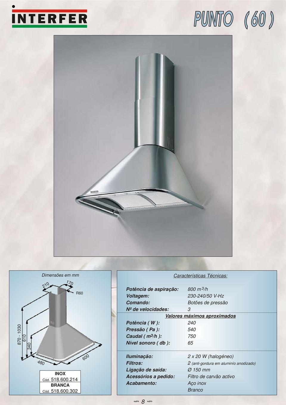 3/h ): 750 Nível sonoro ( db ): 65 480 INOX Cód. 518.600.