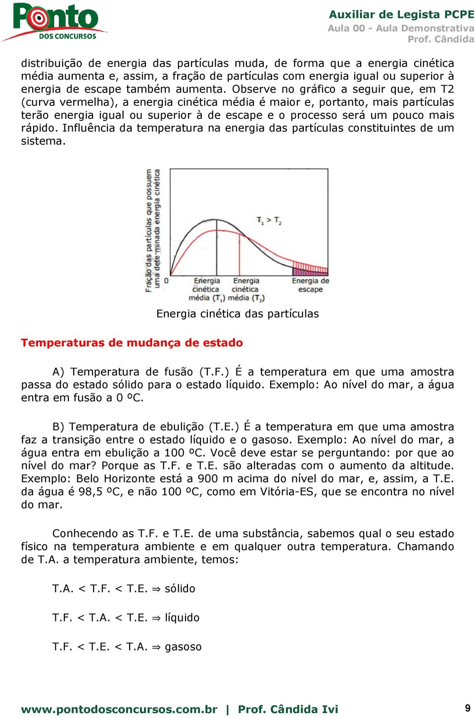 rápido. Influência da temperatura na energia das partículas constituintes de um sistema. Energia cinética das partículas Temperaturas de mudança de estado A) Temperatura de fusão (T.F.