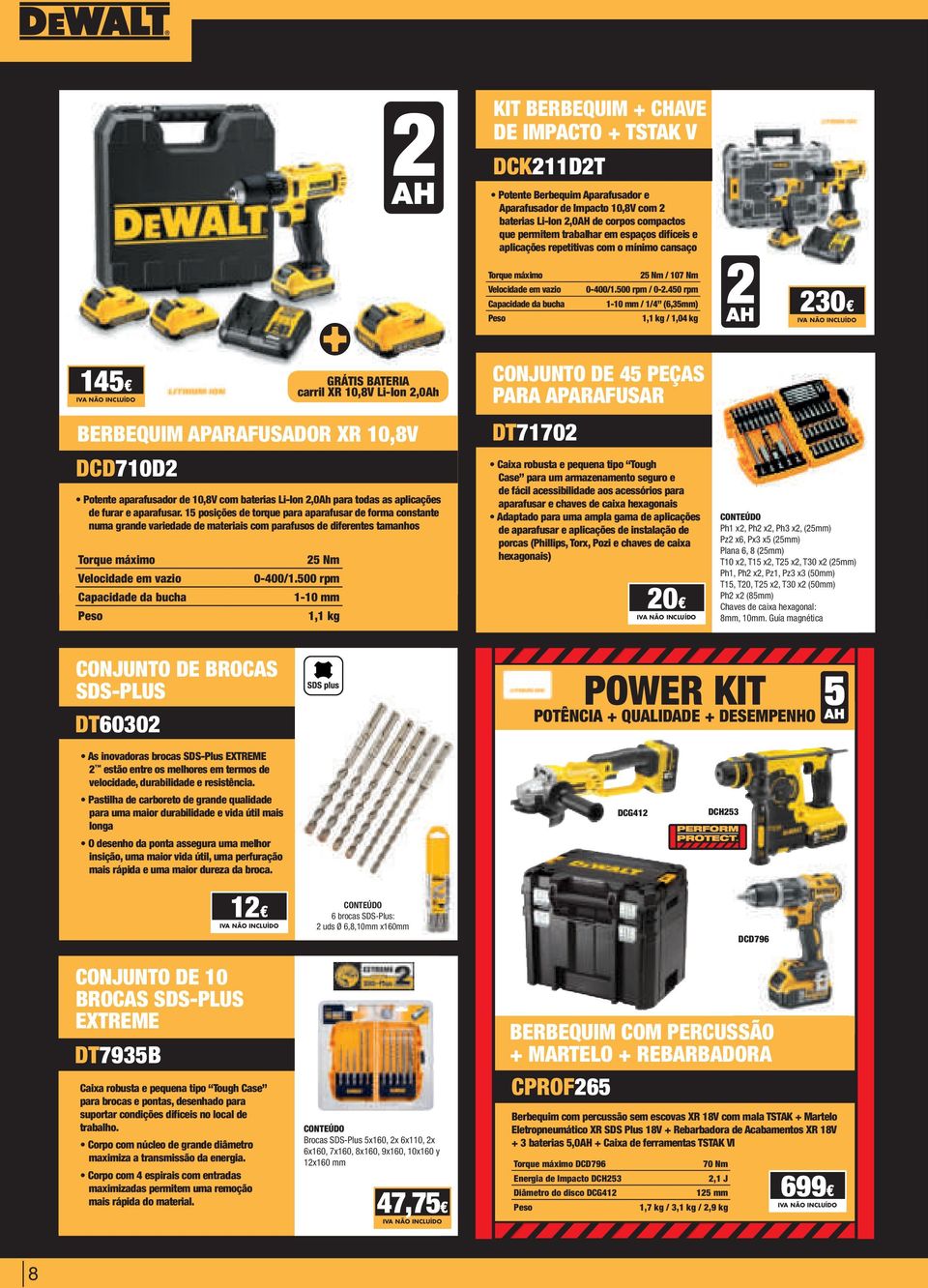 450 rpm 1-10 mm / 1/4 (6,35mm) 1,1 kg / 1,04 kg 230 145 BERBEQUIM APARAFUSADOR XR 10,8V DCD710D2 Potente aparafusador de 10,8V com baterias Li-Ion 2,0Ah para todas as aplicações de furar e aparafusar.