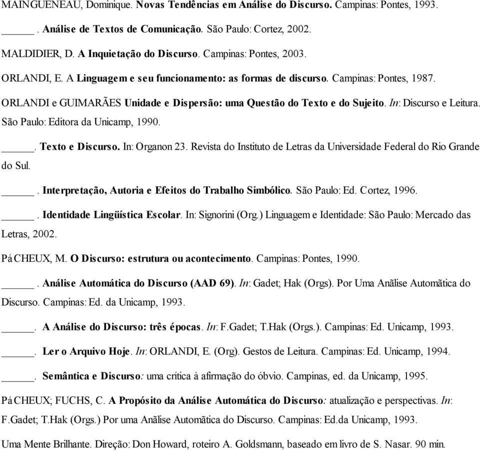 In: Discurso e Leitura. São Paulo: Editora da Unicamp, 1990.. Texto e Discurso. In: Organon 23. Revista do Instituto de Letras da Universidade Federal do Rio Grande do Sul.