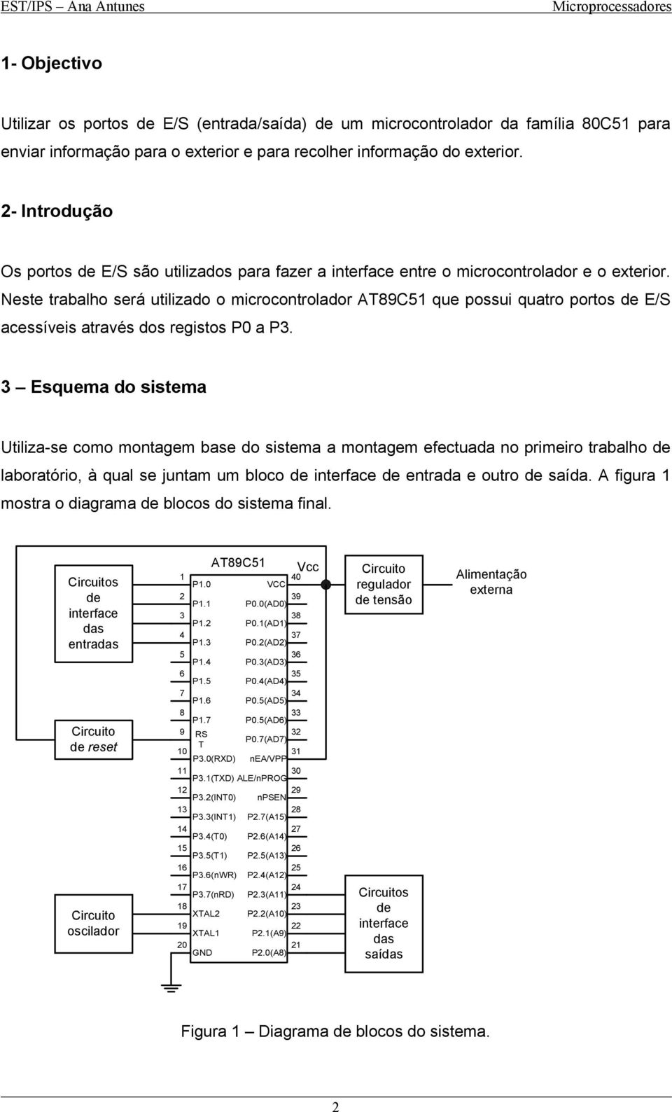 Neste trabalho será utilizado o microcontrolador AT89C51 que possui quatro portos de E/S acessíveis através dos registos P0 a P3.