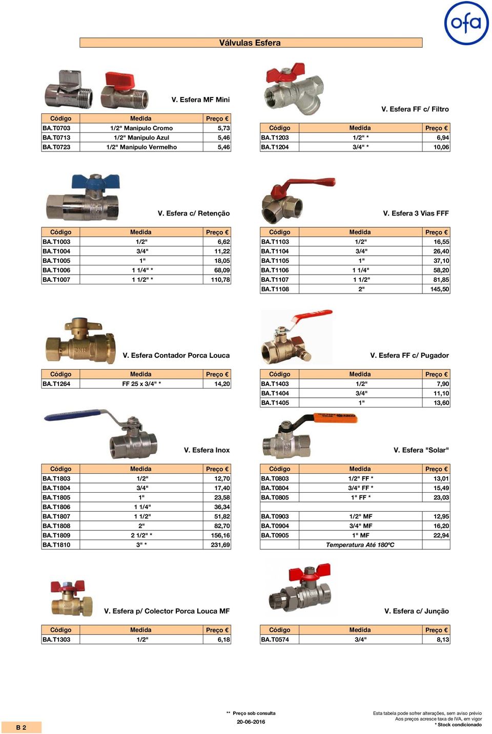 T1006 1 1/4" * 68,09 BA.T1106 1 1/4" 58,20 BA.T1007 1 1/2" * 110,78 BA.T1107 1 1/2" 81,85 BA.T1108 2" 145,50 V. Esfera Contador Porca Louca V. Esfera FF c/ Pugador BA.T1264 FF 25 x 3/4" * 14,20 BA.