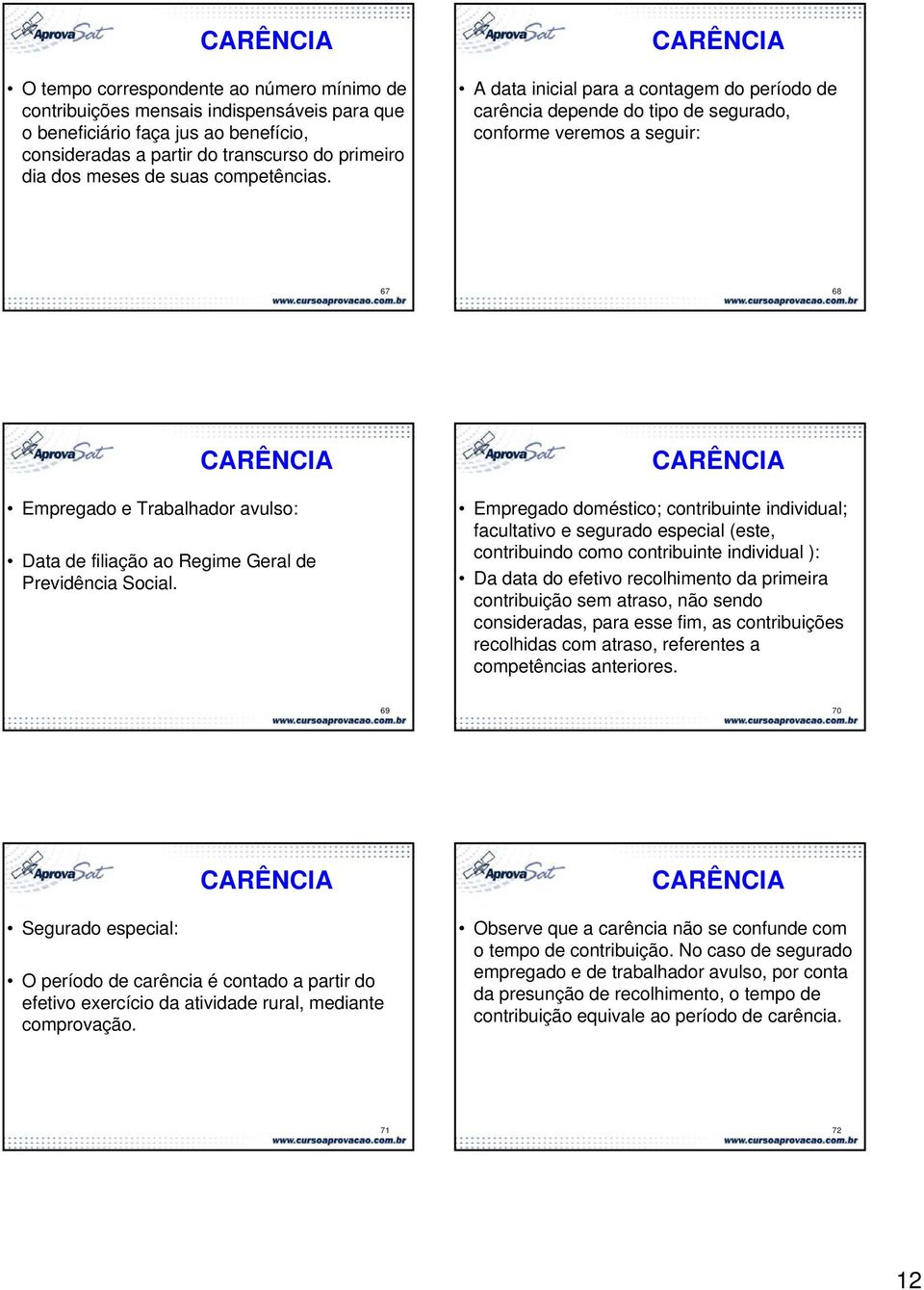 CARÊNCIA A data inicial para a contagem do período de carência depende do tipo de segurado, conforme veremos a seguir: 67 68 CARÊNCIA Empregado e Trabalhador avulso: Data de filiação ao Regime Geral