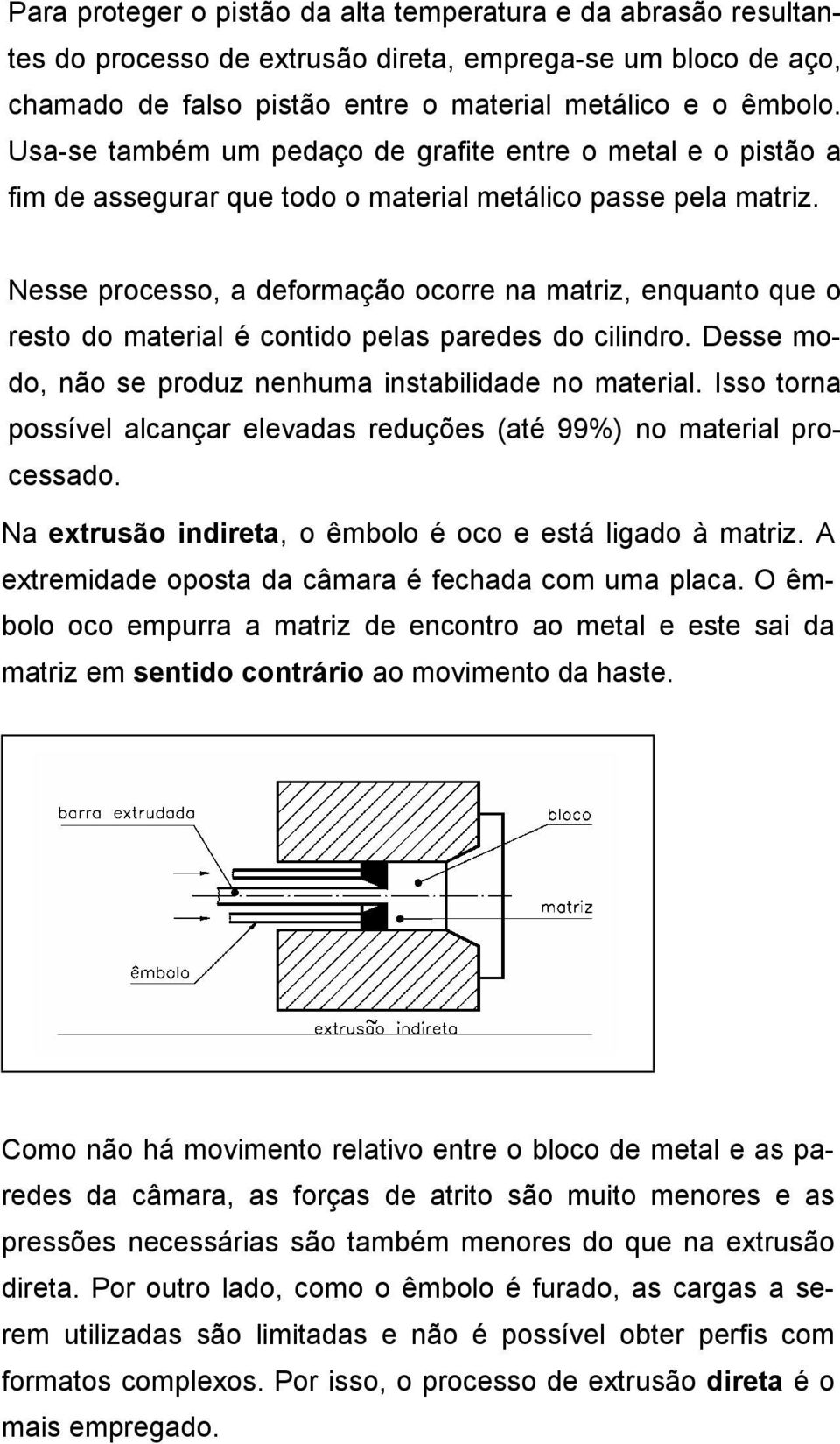 Nesse processo, a deformação ocorre na matriz, enquanto que o resto do material é contido pelas paredes do cilindro. Desse modo, não se produz nenhuma instabilidade no material.